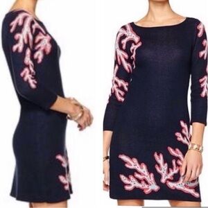 Lilly Pulitzer Navy Blue Polly Large Coral Jacquard Sweater Dress Sz Extra Large